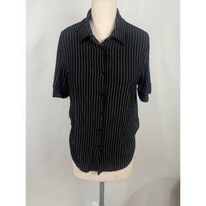 Modern Works Women's Black Striped Button Short Sleeve Casual Corporate Goth Emo